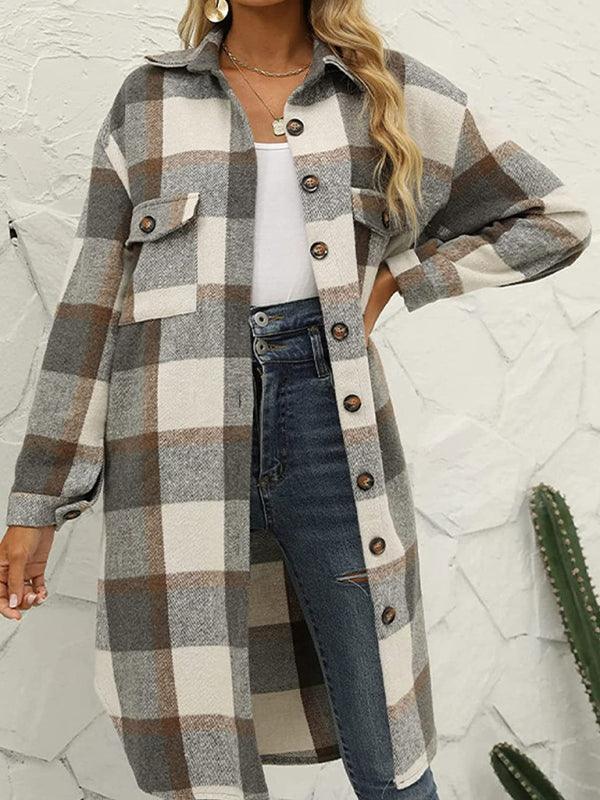 long plaid lapel buttoned wool casual windbreaker jacket - 808Lush