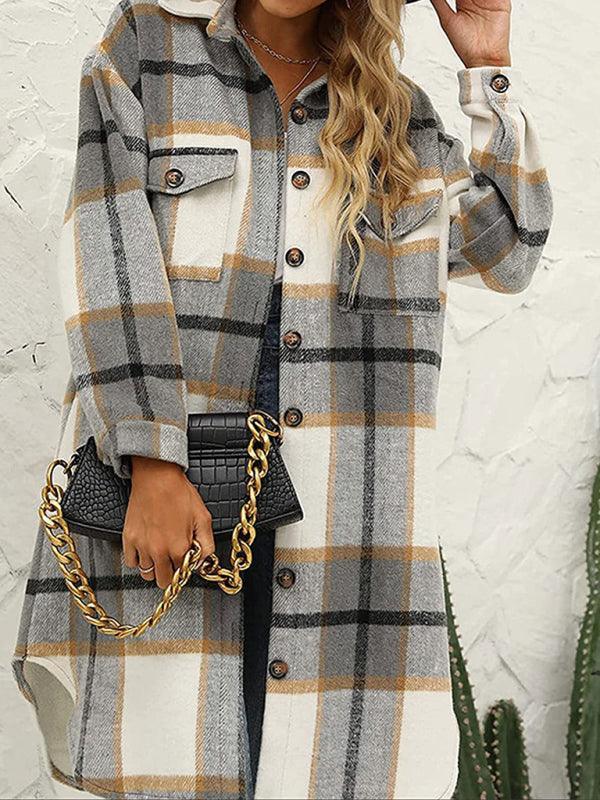 long plaid lapel buttoned wool casual windbreaker jacket - 808Lush