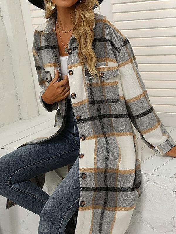 long plaid lapel buttoned wool casual windbreaker jacket - 808Lush