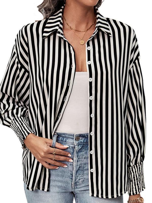 long sleeve black and white striped shirt top - 808Lush