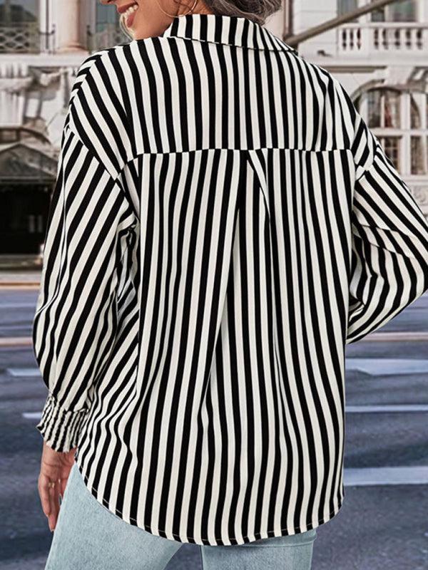 long sleeve black and white striped shirt top - 808Lush