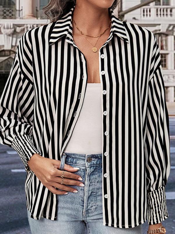 long sleeve black and white striped shirt top - 808Lush