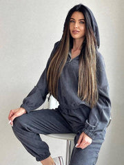 long sleeve hooded zipper women's trousers suit two piece set - 808Lush