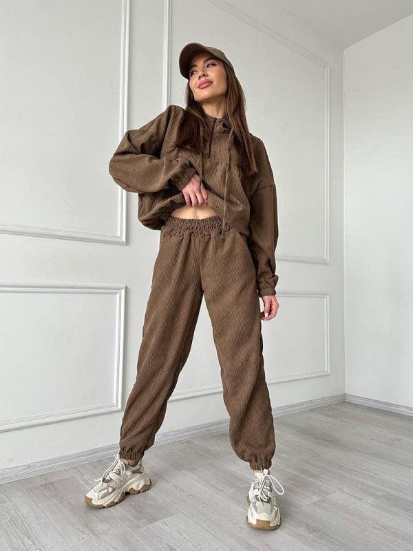 long sleeve hooded zipper women's trousers suit two piece set - 808Lush