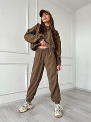 long sleeve hooded zipper women's trousers suit two piece set - 808Lush