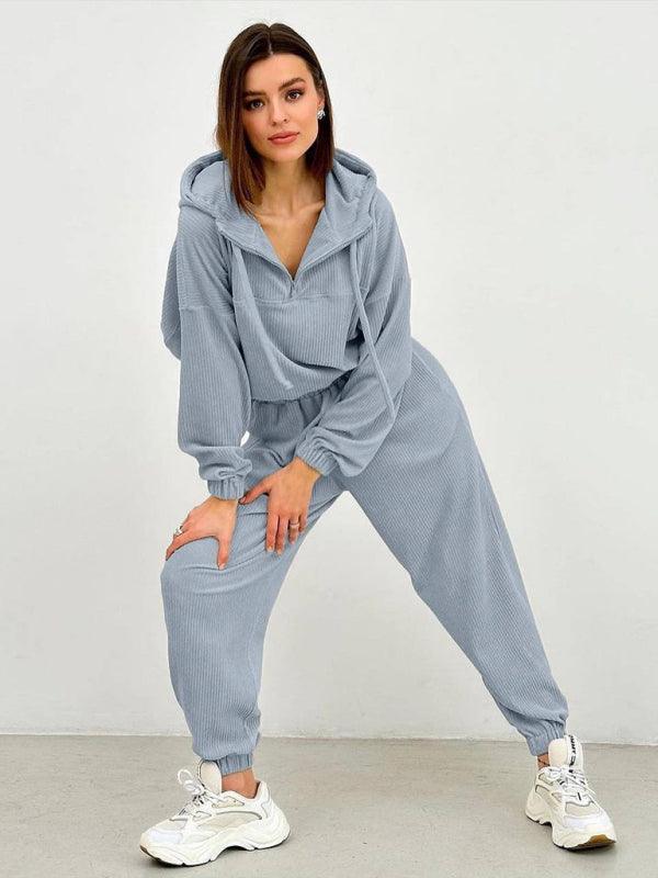 long sleeve hooded zipper women's trousers suit two piece set - 808Lush