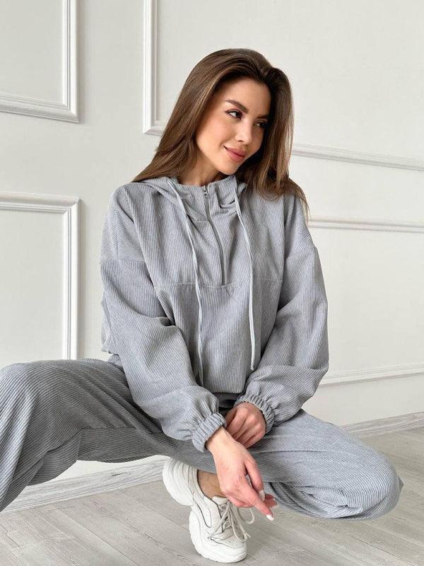 long sleeve hooded zipper women's trousers suit two piece set - 808Lush