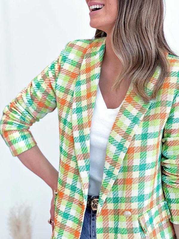 long sleeve pocket printed plaid slim fit blazer - 808Lush