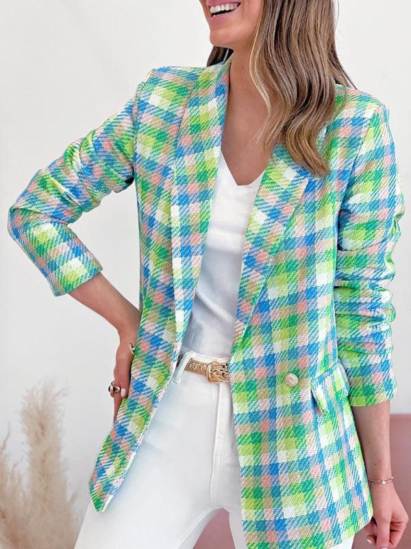 long sleeve pocket printed plaid slim fit blazer - 808Lush