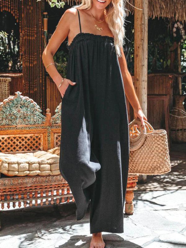 loose high-waisted wide-leg fashion suspender jumpsuit - 808Lush