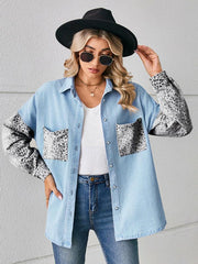 loose leopard print patchwork denim shirt long sleeve top cardigan - 808Lush