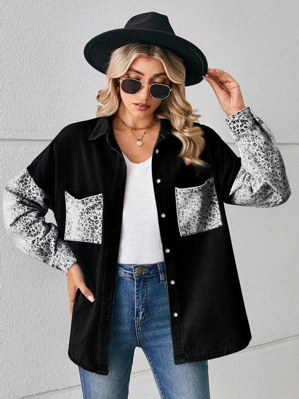 loose leopard print patchwork denim shirt long sleeve top cardigan - 808Lush