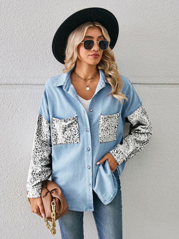 loose leopard print patchwork denim shirt long sleeve top cardigan - 808Lush