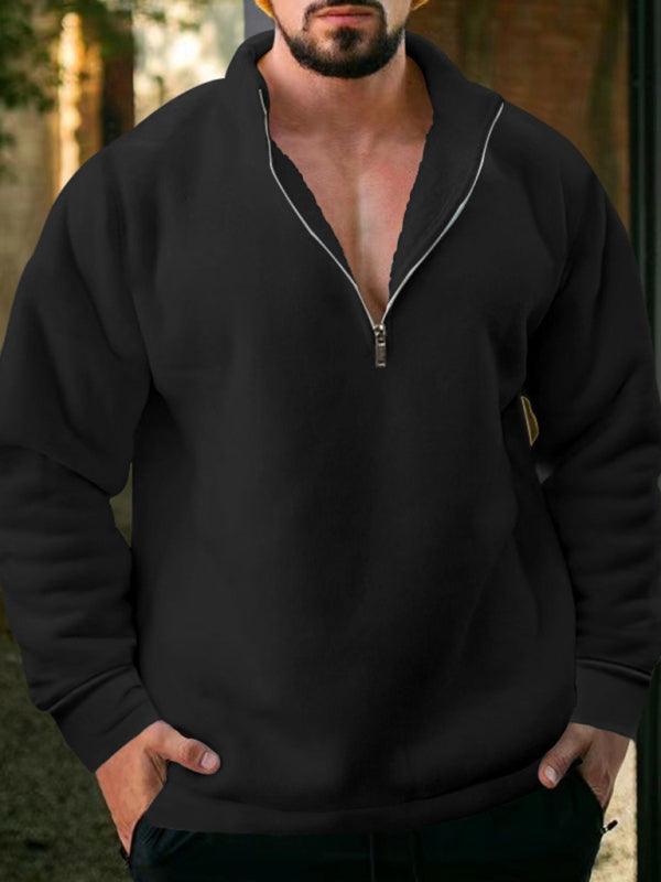 men's fleece stand collar loose casual half zipper hoodie - 808Lush