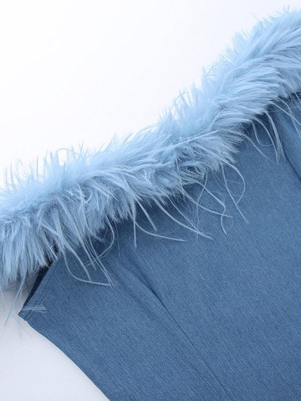 one-shoulder fur-trimmed hip-hugging denim dress - 808Lush