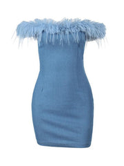 one-shoulder fur-trimmed hip-hugging denim dress - 808Lush