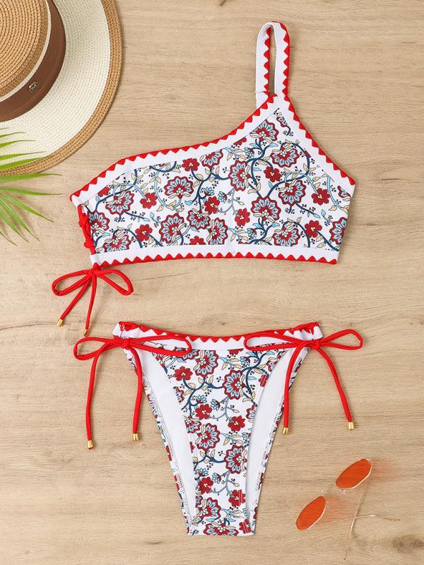 one-shoulder printed split lace-up adjustable sexy bikini - 808Lush