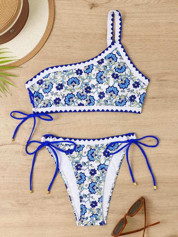 one-shoulder printed split lace-up adjustable sexy bikini - 808Lush