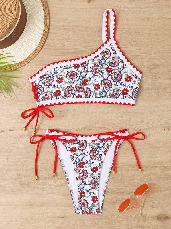 one-shoulder printed split lace-up adjustable sexy bikini - 808Lush