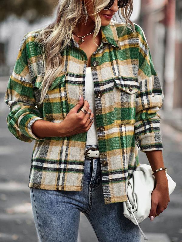 plaid long-sleeved top casual shirt jacket - 808Lush