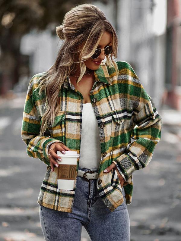 plaid long-sleeved top casual shirt jacket - 808Lush