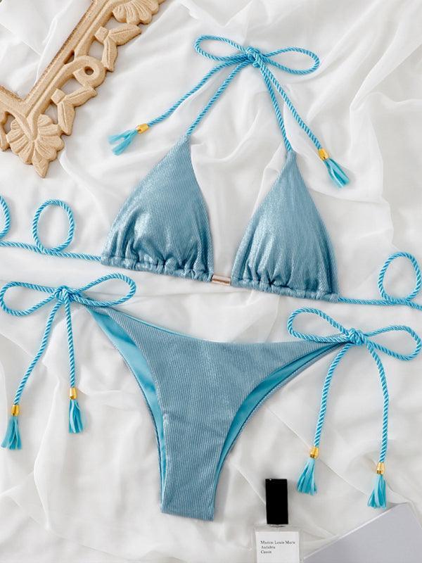 plain tassel split beach swimsuit set bikini - 808Lush