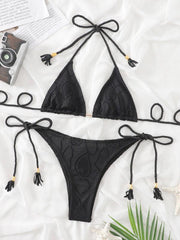 plain tassel split beach swimsuit set bikini - 808Lush