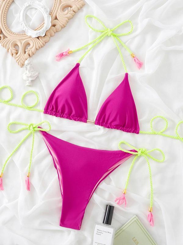 plain tassel split beach swimsuit set bikini - 808Lush