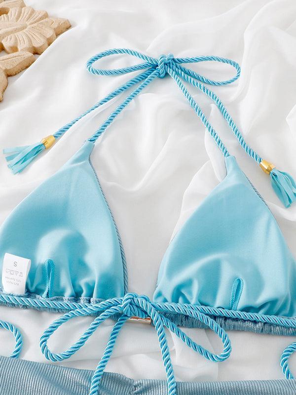 plain tassel split beach swimsuit set bikini - 808Lush