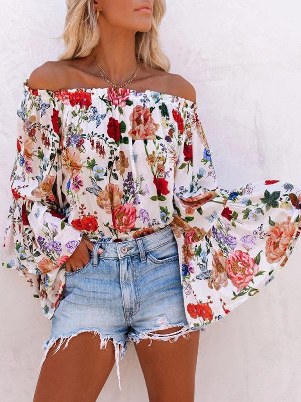 print one-shoulder bell sleeve high waist all-match top - 808Lush