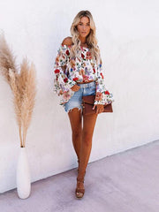 print one-shoulder bell sleeve high waist all-match top - 808Lush