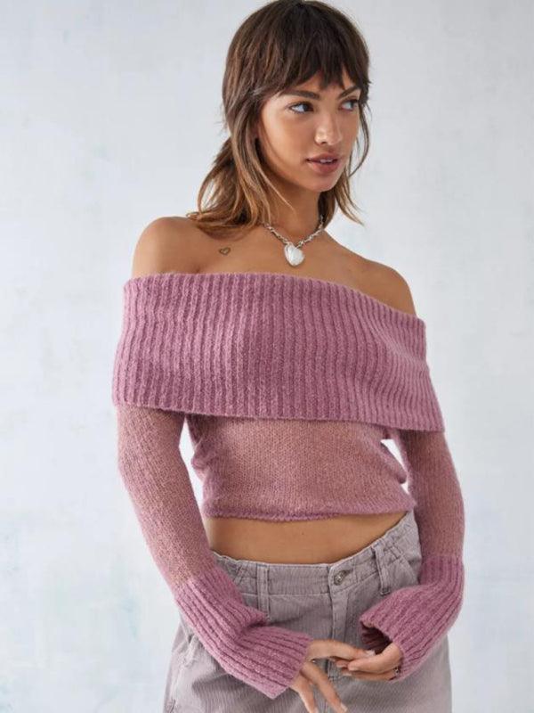 sexy hot girl one-line collar long-sleeved sweater - 808Lush