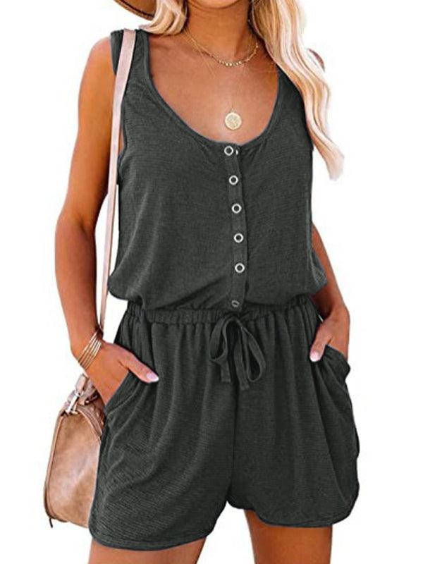 sleeveless jumpsuit waist tie casual loose wide leg shorts - 808Lush