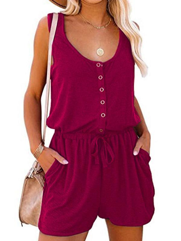 sleeveless jumpsuit waist tie casual loose wide leg shorts - 808Lush