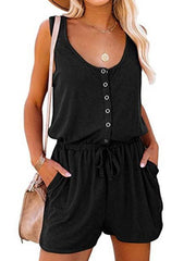 sleeveless jumpsuit waist tie casual loose wide leg shorts - 808Lush