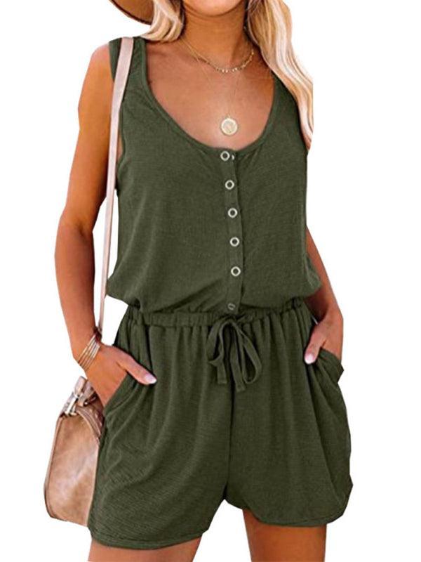 sleeveless jumpsuit waist tie casual loose wide leg shorts - 808Lush