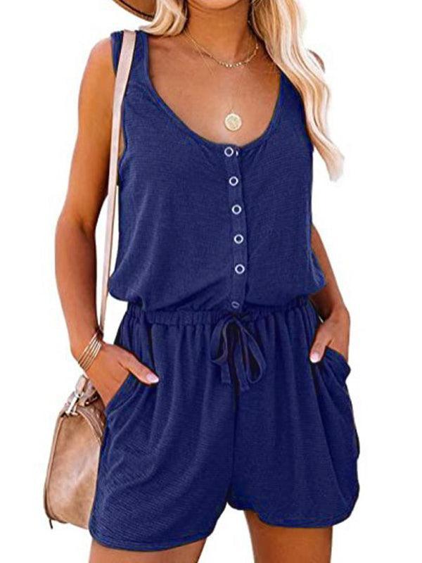 sleeveless jumpsuit waist tie casual loose wide leg shorts - 808Lush