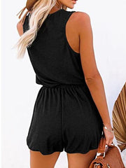 sleeveless jumpsuit waist tie casual loose wide leg shorts - 808Lush