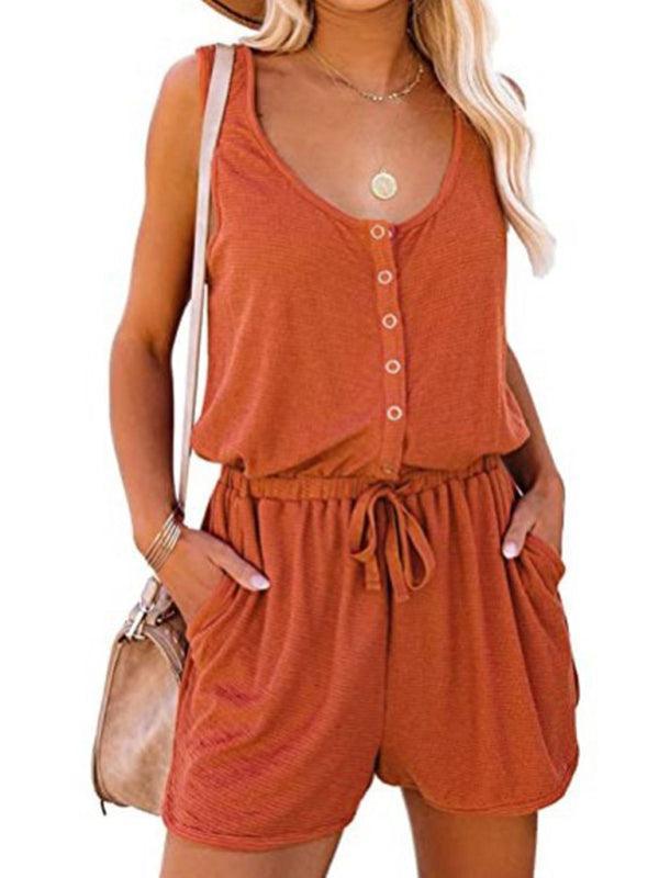 sleeveless jumpsuit waist tie casual loose wide leg shorts - 808Lush