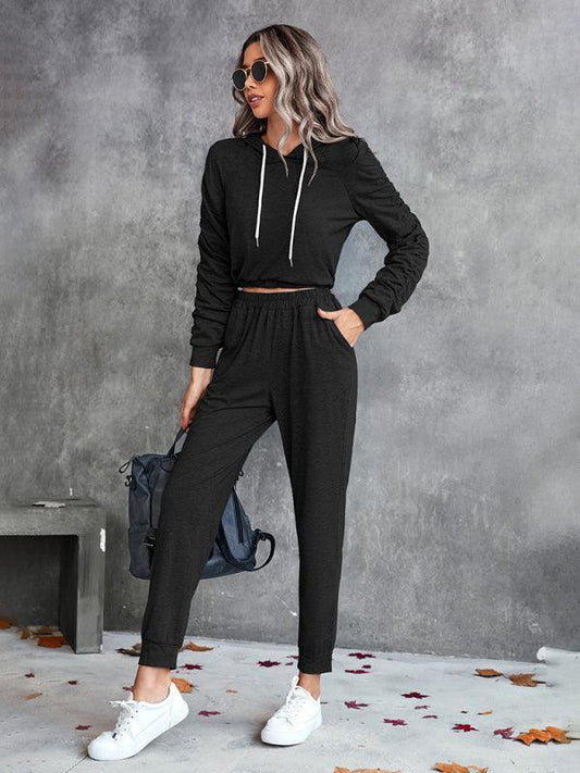 solid color casual pleated hooded long-sleeved suit - 808Lush