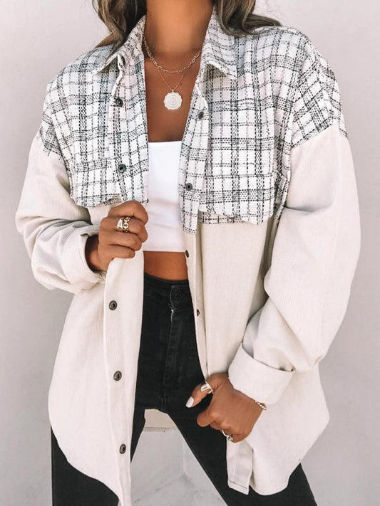 long sleeve pocket plaid corduroy women's jacket - 808Lush