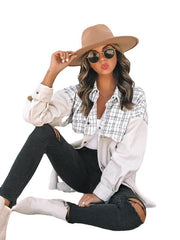 long sleeve pocket plaid corduroy women's jacket - 808Lush