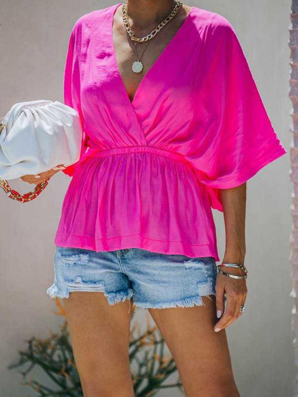 style cotton V-neck elastic waist casual fashion short-sleeved shirt - 808Lush