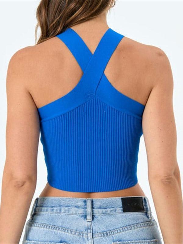 cross hanging neck strap small vest knitted backless bandage tube top sweater - 808Lush