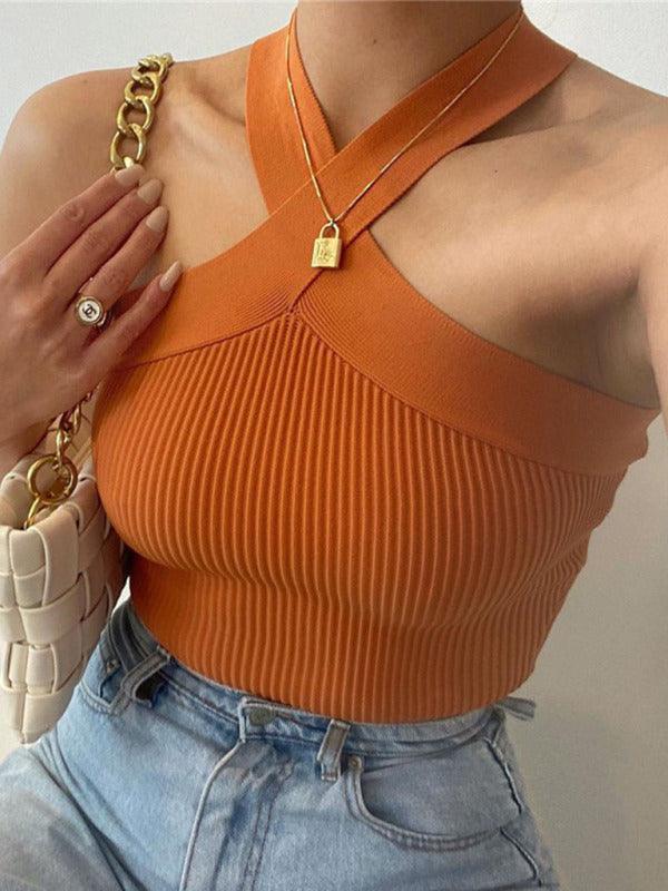 cross hanging neck strap small vest knitted backless bandage tube top sweater - 808Lush