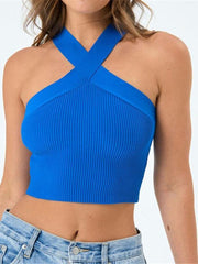 cross hanging neck strap small vest knitted backless bandage tube top sweater - 808Lush