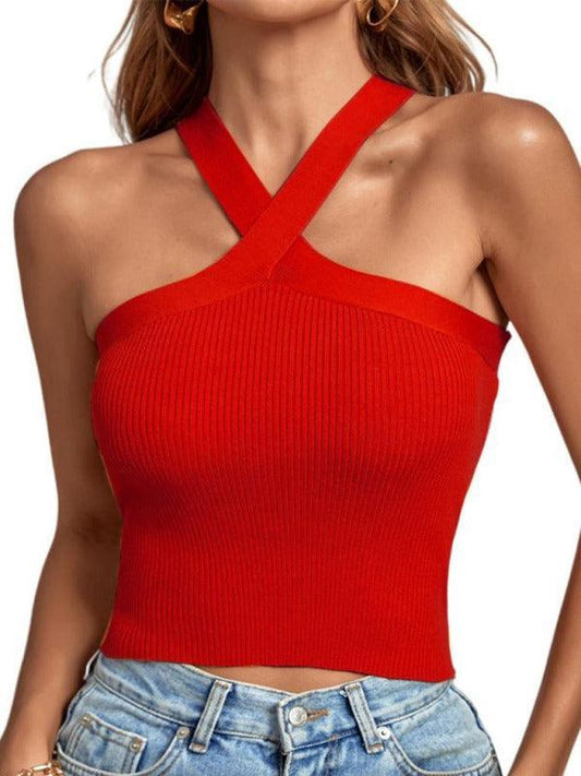 cross hanging neck strap small vest knitted backless bandage tube top sweater - 808Lush