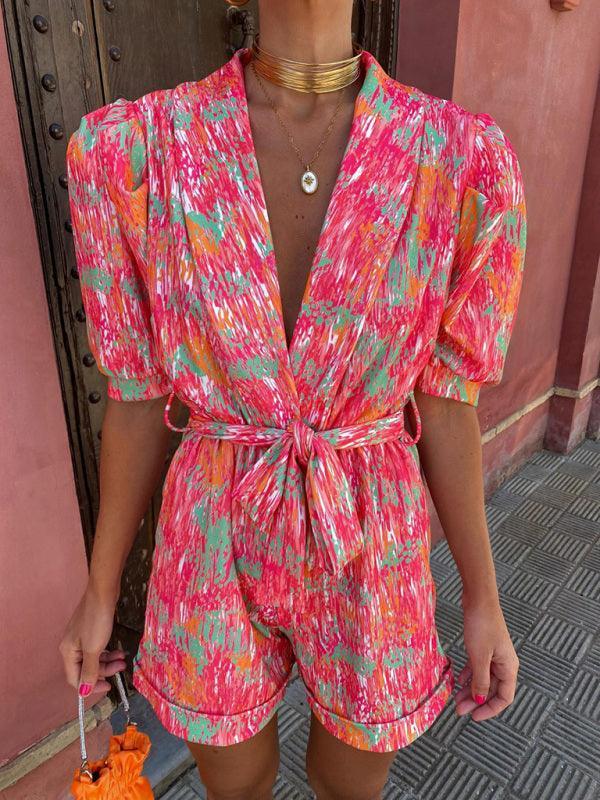 V-neck bubble short-sleeved printed elastic waist jumpsuit - 808Lush