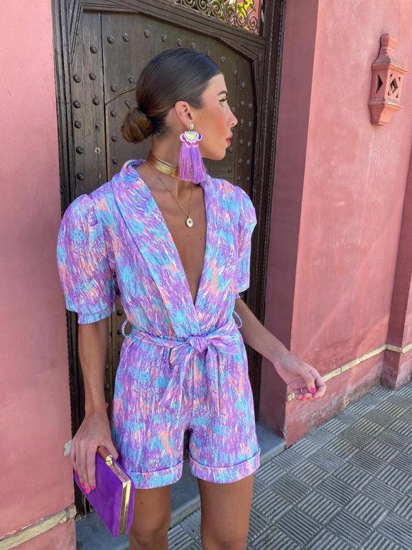 V-neck bubble short-sleeved printed elastic waist jumpsuit - 808Lush