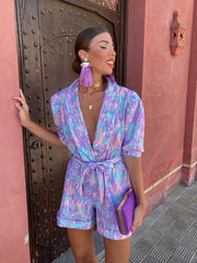 V-neck bubble short-sleeved printed elastic waist jumpsuit - 808Lush